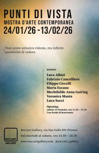 Locandina ufficiale della mostra 'Punti di Vista' alla Roccart Gallery di Firenze che annuncia la partecipazione dell'artista contemporaneo Filippo Circelli.