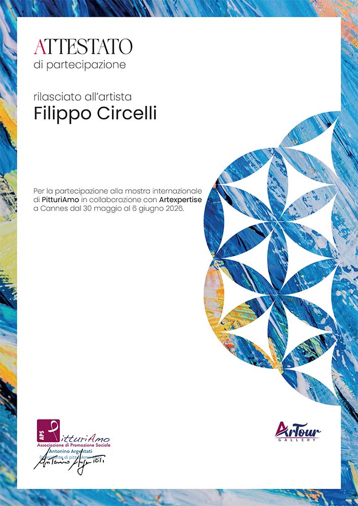 Attestato di merito artistico rilasciato all'artista contemporaneo Filippo Circelli per la sua partecipazione alla mostra collettiva presso la Galleria Artexpertise di Barcellona
