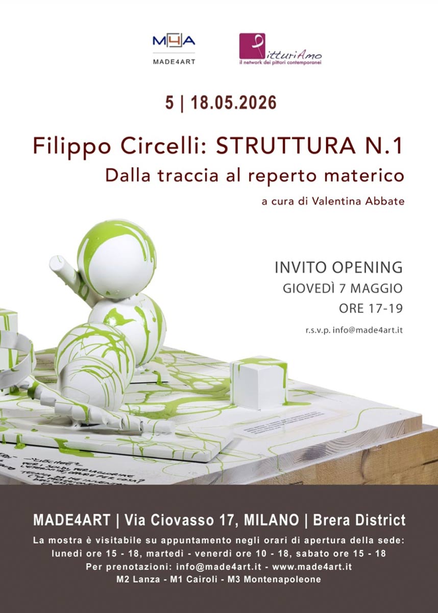 Locandina ufficiale della mostra personale d'arte 'Filippo Circelli: STRUTTURA N.1. Dalla traccia al reperto materico' presso la Galleria Made4Art di Brera, Milano, che annuncia la partecipazione dell'artista contemporaneo Filippo Circelli.